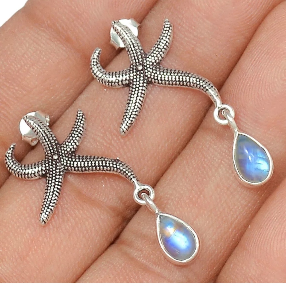 Sterling Earrings Handmade NWT Moonstone Starfish